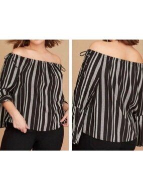 Lane Bryant Women Black & White Striped Off-Shoulder Top Size 18/20 Cotton Blend